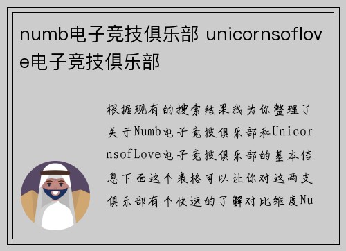 numb电子竞技俱乐部 unicornsoflove电子竞技俱乐部