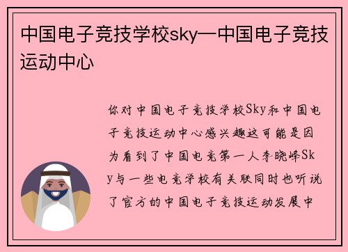 中国电子竞技学校sky—中国电子竞技运动中心