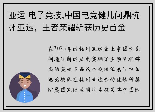 亚运 电子竞技,中国电竞健儿问鼎杭州亚运，王者荣耀斩获历史首金